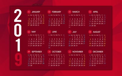 Red 2019 kalender, alla m&#229;nader, red abstrakt bakgrund, kreativ konst, 2019 kalender, snygg konst, 2019 begrepp, kalendrar