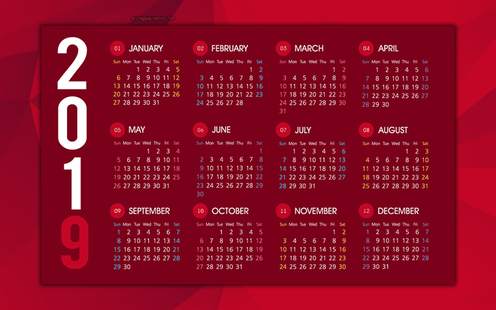 الأحمر 2019 التقويم, كل الشهور, الأحمر الملخص الخلفية, الفنون الإبداعية, 2019 التقويم, أنيقة الفن, 2019 المفاهيم, التقويمات