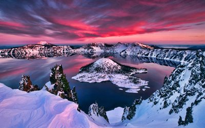 der crater lake, winter, sonnenuntergang, schöne natur, usa, crater lake national park, amerika, crater lake in winter