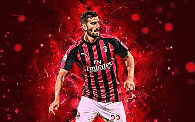 Mateo Musacchio, close-up, AC Milan, defender, argentine footballers, soccer, Serie A, Musacchio, neon lights, Milan FC, Rossoneri, creative