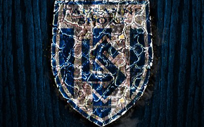 FC Lausanne-Sport, scorched logo, Super League, blue wooden background, swiss football club, Lausanne FC, grunge, football, soccer, Lausanne logo, fire texture, Switzerland