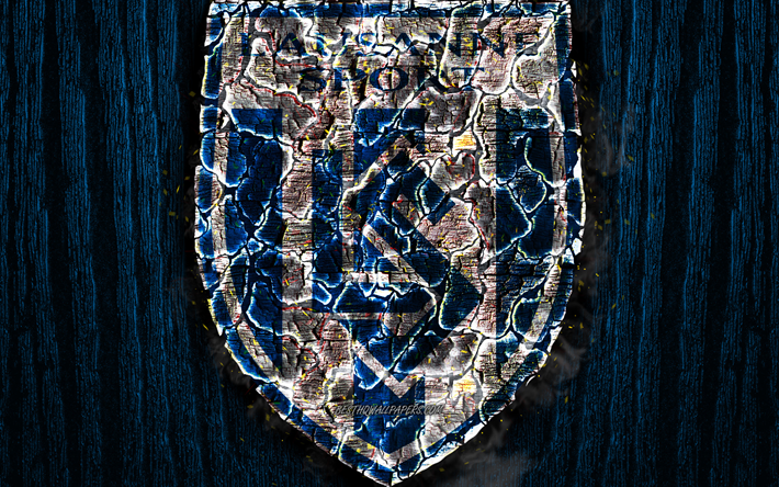 FC Lausanne-Sport, bruciata logo, Super League, blu sfondo di legno, swiss football club, FC Lausanne, grunge, calcio, Losanna, logo, texture del fuoco, Svizzera