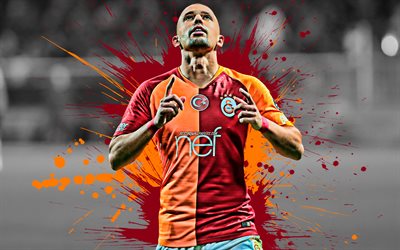 Sofiane Feghouli, Algerian football player, Galatasaray, midfielder, maroon orange paint splashes, creative art, Turkey, football, grunge, Feghouli