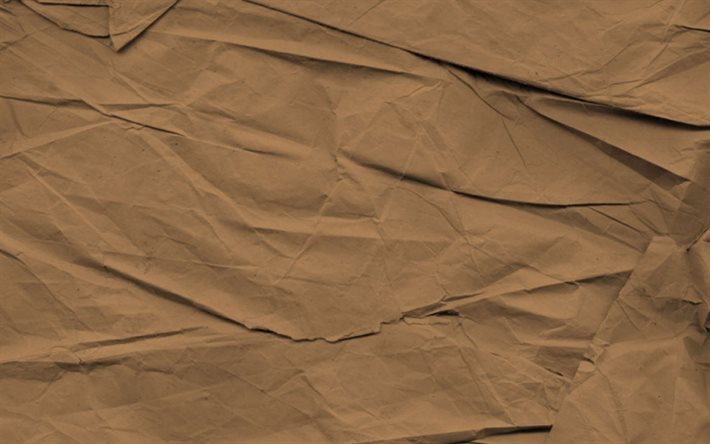 brunt skrynkligt papper, 4K, makro, pappersbakgrunder, skrynkligt pappersstruktur, brunt bakgrund, retro pappersbakgrund