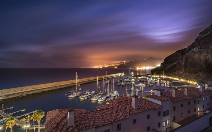 Machico, Madeira, night, bay, yachts, North Atlantic Ocean, coast, Portugal