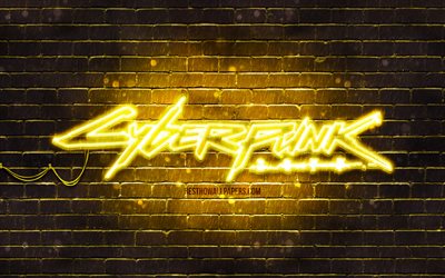 Cyberpunk 2077 yellow logo, 4k, yellow brickwall, artwork, Cyberpunk 2077 logo, RPG, Cyberpunk 2077 neon logo, Cyberpunk 2077