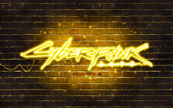 Cyberpunk 2077 keltainen logo, 4k, keltainen tiilisein&#228;, kuvitus, Cyberpunk 2077 logo, RPG, Cyberpunk 2077 neonlogo, Cyberpunk 2077