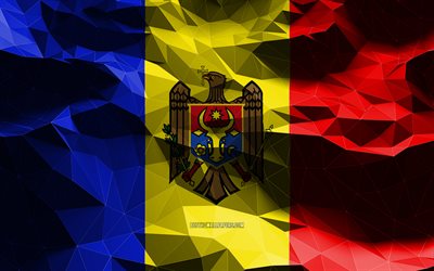 4k, bandeira da Moldávia, arte low poly, países europeus, símbolos nacionais, Bandeira da Moldávia, bandeiras 3D, Moldávia, Europa, bandeira da Moldávia 3D