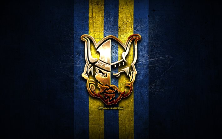 Mikkelin Jukurit, golden logo, Liiga, blue metal background, finnish hockey team, finnish hockey league, Mikkelin Jukurit logo, hockey