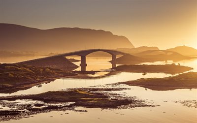Fredvang Bridge, Hovdan, Moskenesoya, Flakstadoya, noite, pôr do sol, ponte, Nordland, Noruega