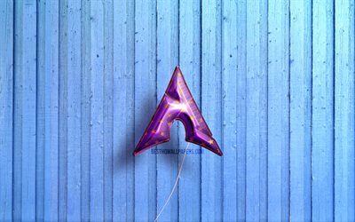 4k, Manjaro logo, violet realistic balloons, Linux, OS, Manjaro 3D logo, blue wooden backgrounds, Manjaro