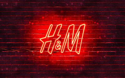 H and M red logo, 4k, red brickwall, H and M logo, fashion brands, H and M neon logo, H and M