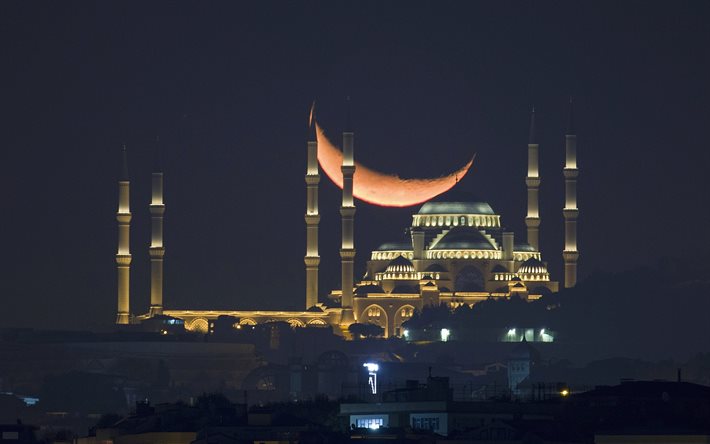 Mosqu&#233;e Sultan Ahmed, Mosqu&#233;e Bleue, nuit, grande lune, mosqu&#233;e turque, Istanbul, Turquie
