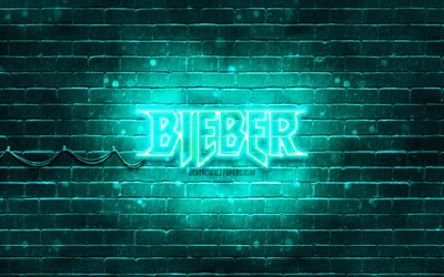 Justin Bieber turquoise logo, 4k, american singer, turquoise brickwall, Justin Bieber logo, Justin Drew Bieber, Justin Bieber, music stars, Justin Bieber neon logo