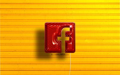 Facebookのロゴ, 4K, 赤いリアルな風船, ソーシャルネットワーク, Facebookの3Dロゴ, 黄色の木製の背景, Facebook