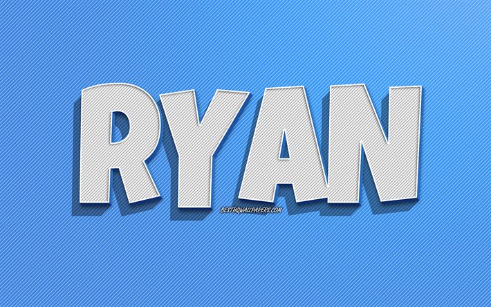 Ryan, fond de lignes bleues, fonds d&#39;&#233;cran avec des noms, nom de Ryan, noms masculins, carte de voeux Ryan, dessin au trait, photo avec le nom de Ryan