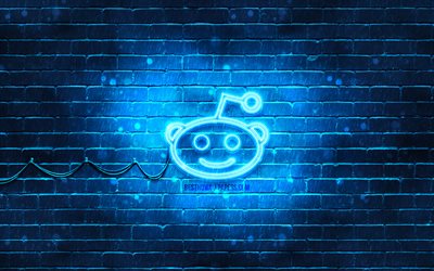 Reddit-sininen logo, 4k, sininen tiilisein&#228;, Reddit-logo, sosiaaliset verkostot, Reddit-neon-logo, Reddit