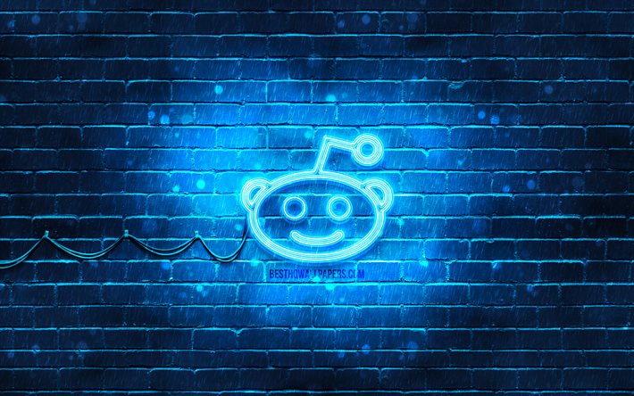 Reddit mavi logo, 4k, mavi brickwall, Reddit logosu, sosyal ağlar, Reddit neon logosu, Reddit