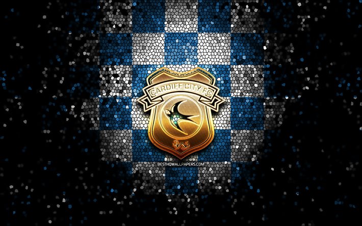 Cardiff City FC, logo de paillettes, championnat EFL, fond damier blanc bleu, football, club de football anglais, logo Cardiff City FC, art de la mosa&#239;que, FC Cardiff City