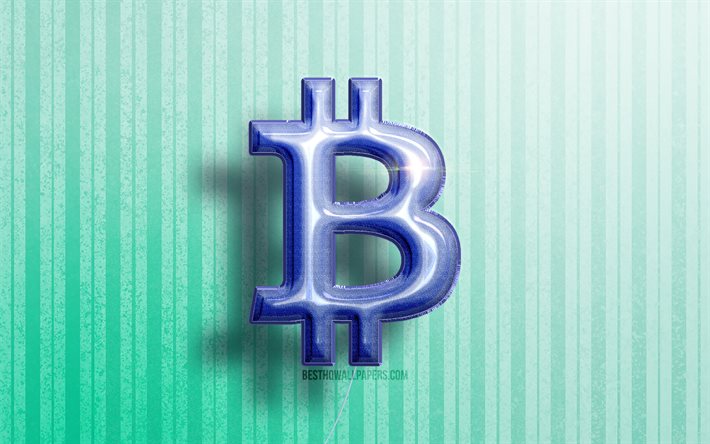 4k, logo 3D Bitcoin, ballons r&#233;alistes bleus, crypto-monnaie, logo Bitcoin, fonds en bois bleus, Bitcoin