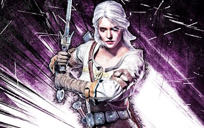 4k, Ciri, grunge art, The Witcher, artwork, Witcher 3 Wild Hunt, purple abstract rays, The Witcher characters, Ciri The Witcher