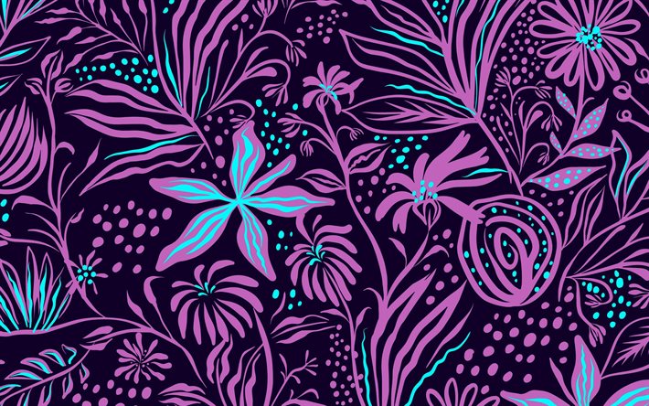 violett blommig bakgrund, 4k, blomm&#246;nster, violett blommor, bakgrund med blommor, blommig ornament, blommig bakgrund