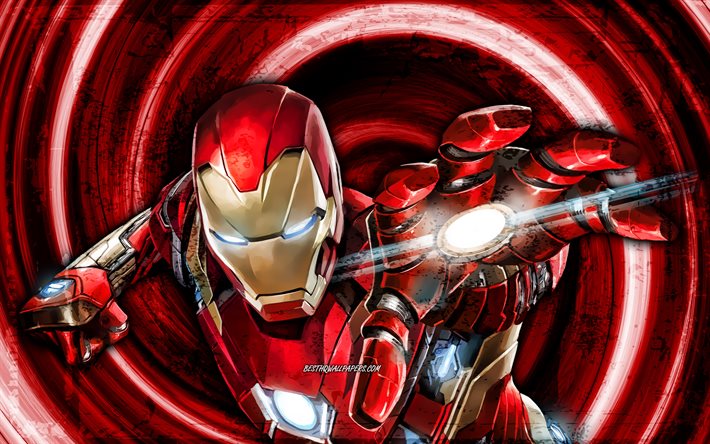 IronMan, vortex, super-h&#233;ros, Marvel Comics, IronMan 4K, fond grunge rouge, dessin anim&#233; Iron Man