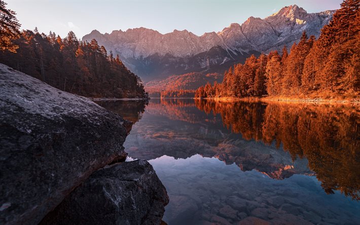 lago de monta&#241;a, Alpes, paisaje de monta&#241;a, tarde, puesta de sol, monta&#241;as, Baviera, Alemania