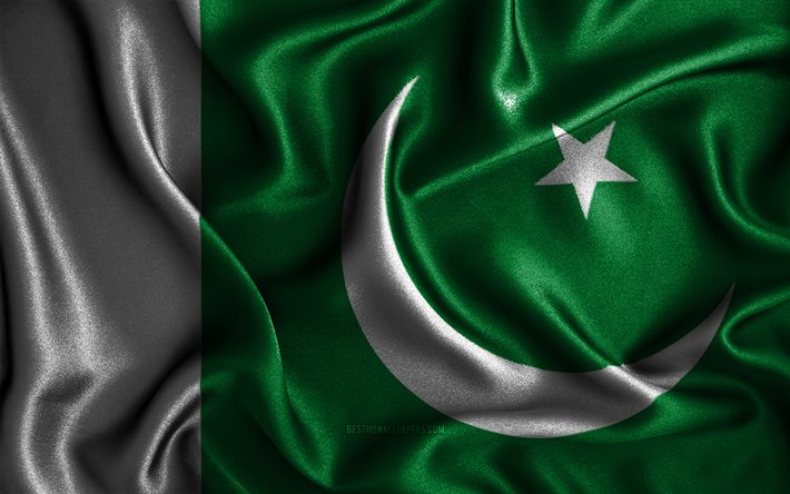 Drapeau pakistanais, 4k, drapeaux ondul&#233;s en soie, pays asiatiques, symboles nationaux, drapeau du Pakistan, drapeaux en tissu, art 3D, Pakistan, Asie, drapeau du Pakistan 3D