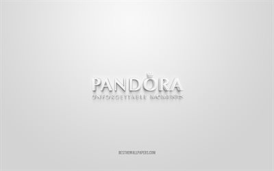 Pandora logo, white background, Pandora 3d logo, 3d art, Pandora, brands logo, white 3d Pandora logo