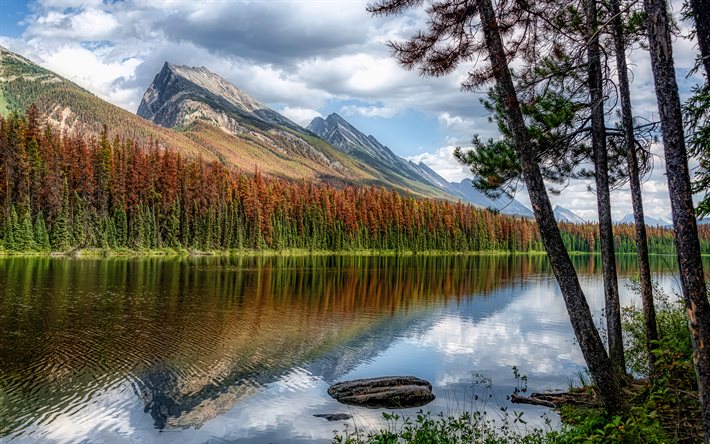 Balayı G&#246;l&#252;, 4k, sonbahar, orman, Jasper Ulusal Parkı, dağlar, Alberta, Kanada, Kuzey Amerika, g&#252;zel doğa