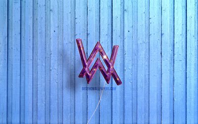 4k, Alan Walker logo, Norwegian DJs, violet realistic balloons, Alan Olav Walker, Alan Walker 3D logo, blue wooden backgrounds, Alan Walker