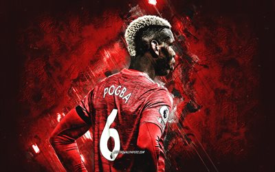 Paul Pogba, Manchester United FC, french footballer, portrait, red stone background, football, Premier League, England