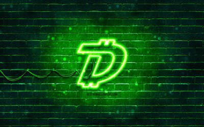 デジバイトグリーンロゴ, 4k, DGB, 緑のレンガの壁, DigiByteロゴ, 仮想通貨, DigiByteネオンロゴ, DigiByte