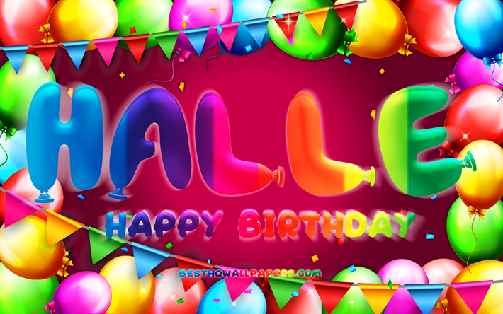 Buon compleanno Halle, 4k, cornice colorata a palloncino, nome Halle, sfondo viola, Halle Happy Birthday, Halle Birthday, nomi femminili americani popolari, concetto di compleanno, Halle