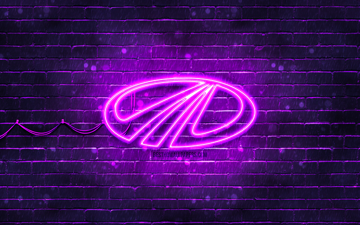 Logo violet Mahindra, 4k, mur de briques violettes, logo Mahindra, marques, logo n&#233;on Mahindra, Mahindra