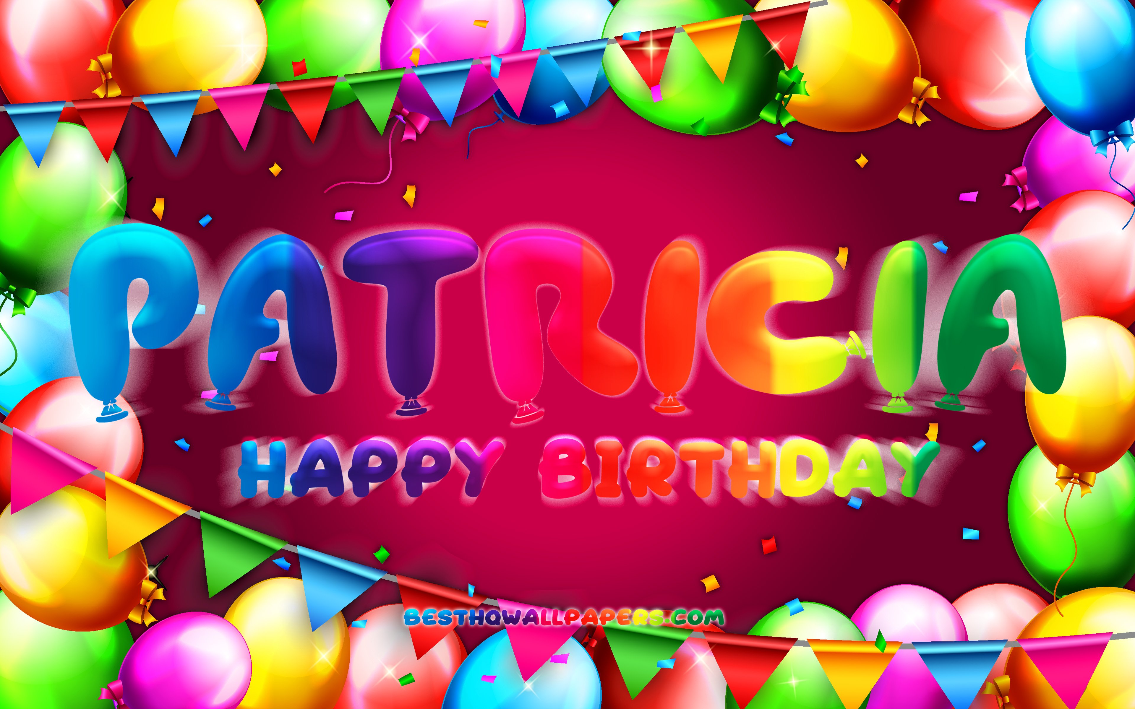 Download Wallpapers Happy Birthday Patricia 4k Colorful Balloon Frame Patricia Name Purple Background Patricia Happy Birthday Patricia Birthday Popular American Female Names Birthday Concept Patricia For Desktop With Resolution 3840x2400 High
