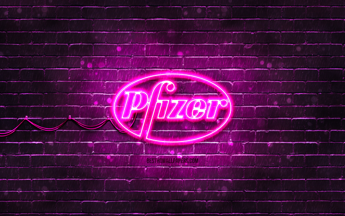 Logo violet de Pfizer, 4k, mur de briques violet, logo pfizer, Covid-19, Coronavirus, logo n&#233;on de Pfizer, vaccin Covid, Pfizer