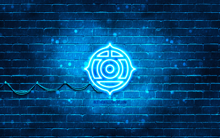 Logotipo azul hitachi, 4k, parede de tijolos azuis, logotipo hitachi, marcas, logotipo hitachi neon, Hitachi