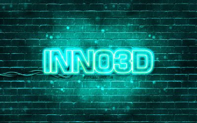 Logo turquoise Inno3D, 4k, brickwall turquoise, logo Inno3D, marques, logo n&#233;on Inno3D, Inno3D