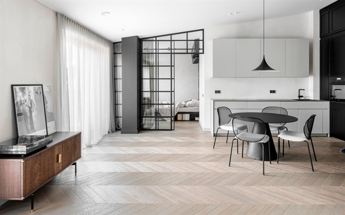 appartamento dal design elegante, cucina soggiorno, mobili retr&#242;, idea soggiorno, mobili da cucina neri