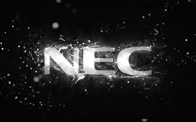 NEC white logo, 4k, white neon lights, creative, black abstract background, NEC logo, brands, NEC