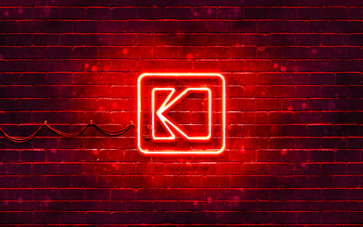 Kodak red logo, 4k, red brickwall, Kodak logo, brands, Kodak neon logo, Kodak