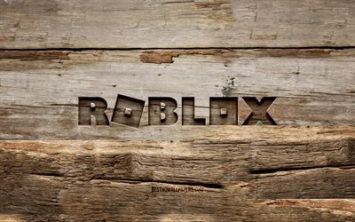 Roblox wooden logo, 4K, wooden backgrounds, games brands, Roblox logo, creative, wood carving, Roblox