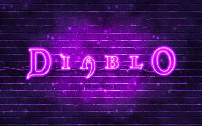 Diablo violet logotyp, 4k, violet brickwall, Diablo logotyp, spelm&#228;rken, Diablo neon logotyp, Diablo