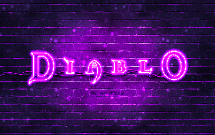 Diablo menekşe logosu, 4k, menekşe brickwall, Diablo logosu, oyun markaları, Diablo neon logosu, Diablo
