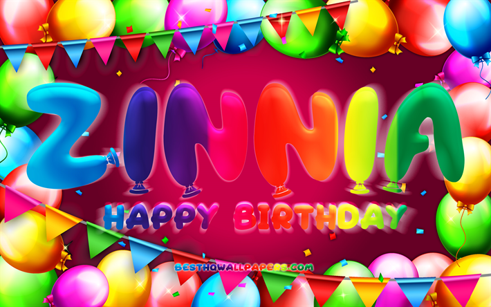 Buon compleanno Zinnia, 4k, cornice palloncino colorato, nome Zinnia, sfondo viola, Zinnia buon compleanno, Zinnia compleanno, nomi femminili tedeschi popolari, concetto di compleanno, Zinnia