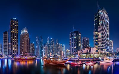 Dubaï, nuit, gratte-ciel, Marina de Dubaï, bâtiments modernes, paysage urbain de Dubaï, EAU
