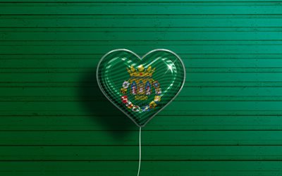J'aime Séville, 4k, des ballons réalistes, vert fond de bois, le Jour de Séville, les provinces espagnoles, le drapeau de Séville, l'Espagne, le ballon avec le drapeau, les Provinces d'Espagne, Séville