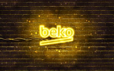 Beko yellow logo, 4k, yellow brickwall, Beko logo, brands, Beko neon logo, Beko